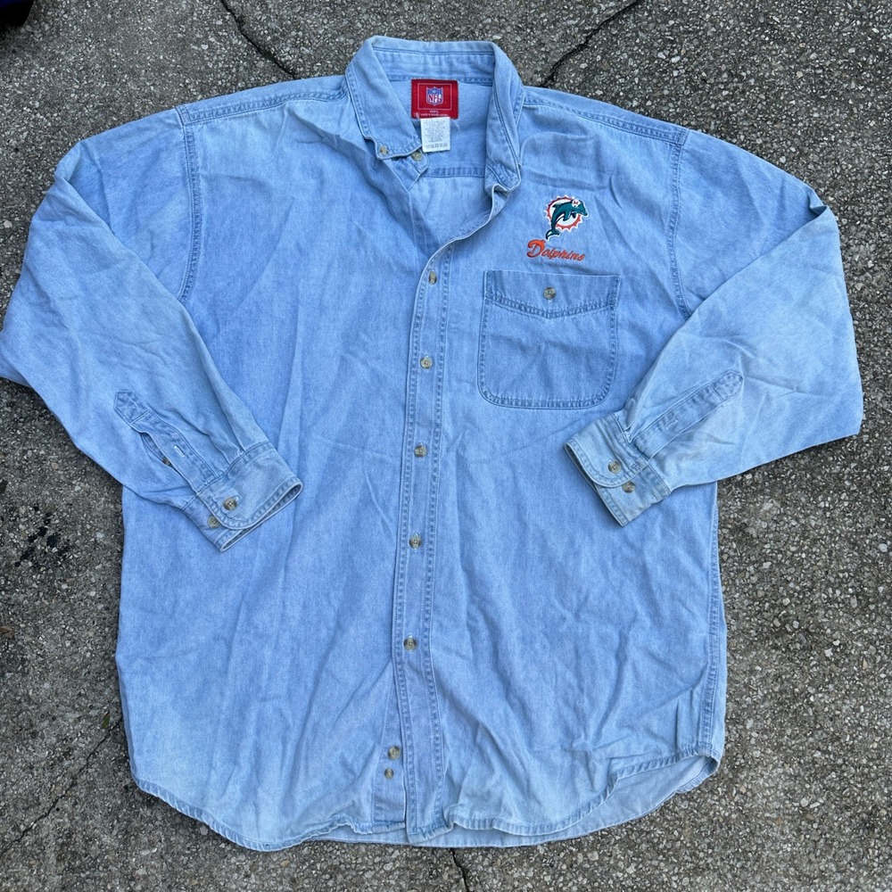 Vintage NFL Miami Dolphins Denim Button Down Shirt Mens Large Blue Light Wash